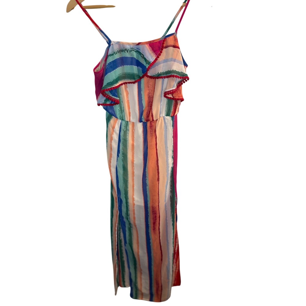 Rainbow Striped Ruffle Pom Pom Trim Maxi‎ Dress Smocked Back Summer Sundress